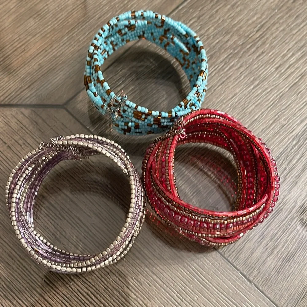 Vintage Style Seed Bead braided Memory Wire  Bracelets  Red, Purple, Blue